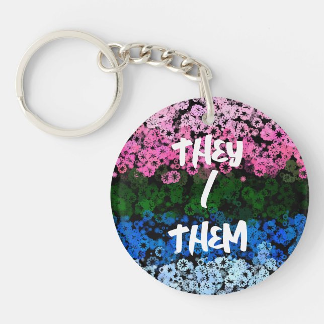 Retro Groovy Cute Floral Omniromantic Pride Flag Key Ring (Front)