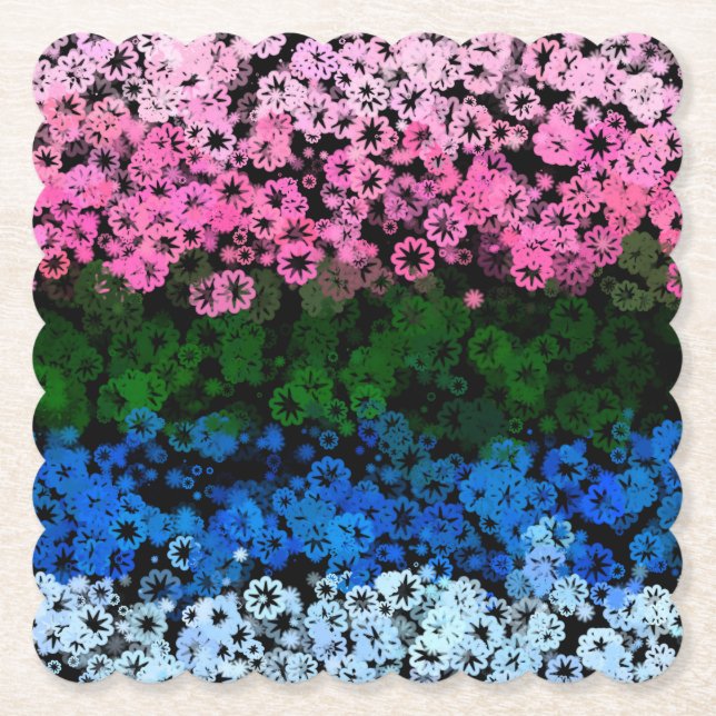 Retro Groovy Cute Floral Omniromantic Pride Flag Paper Coaster (Front)