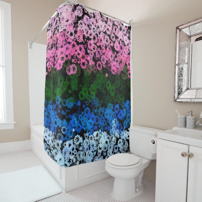 Retro Groovy Cute Floral Omniromantic Pride Flag Shower Curtain (In Situ)