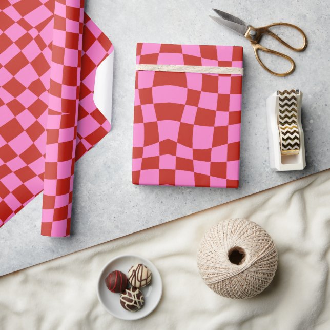 retro groovy cute pink and red wavy checkered  wrapping paper (Crafts)