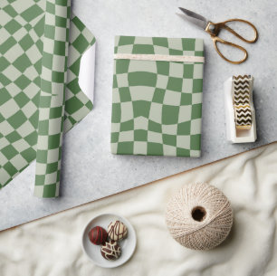 retro groovy cute sage green wavy checkered wrapping paper
