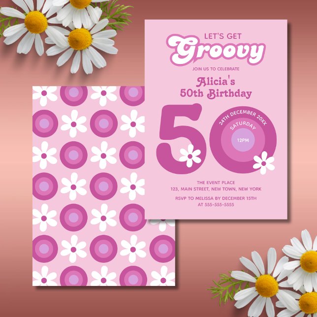 Retro Groovy Daisies Bold Pink 50th Birthday Invitation (Creator Uploaded)
