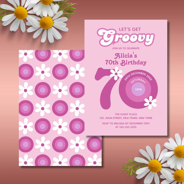 Retro Groovy Daisies Bold Pink 70th Birthday Invitation (Creator Uploaded)