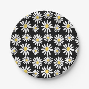 Retro Groovy Daisies Spring Daisy Boho Black Paper Plate
