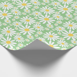 Retro Groovy Daisies Spring Pattern Sage Green Wrapping Paper