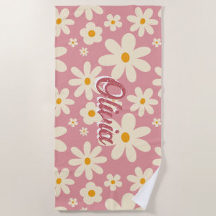 Retro groovy daisy boho desert pink personalised beach towel
