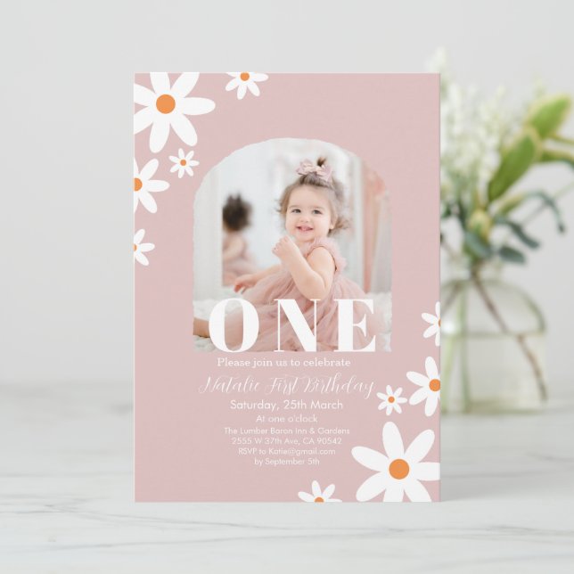 Retro Groovy Daisy Boho photo Girl 1st Birthday Invitation (Standing Front)