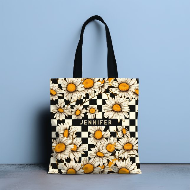 Retro Groovy Daisy Chequerboard Custom Name Gift Tote Bag (Creator Uploaded)