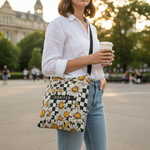 Retro Groovy Daisy Chequerboard Personalised Name Crossbody Bag