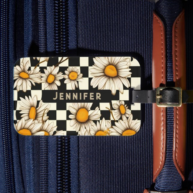 Retro Groovy Daisy Chequerboard Personalised Name Luggage Tag (Front Insitu 4)