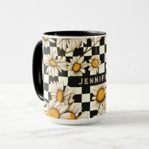 Retro Groovy Daisy Chequerboard Personalised Name Mug