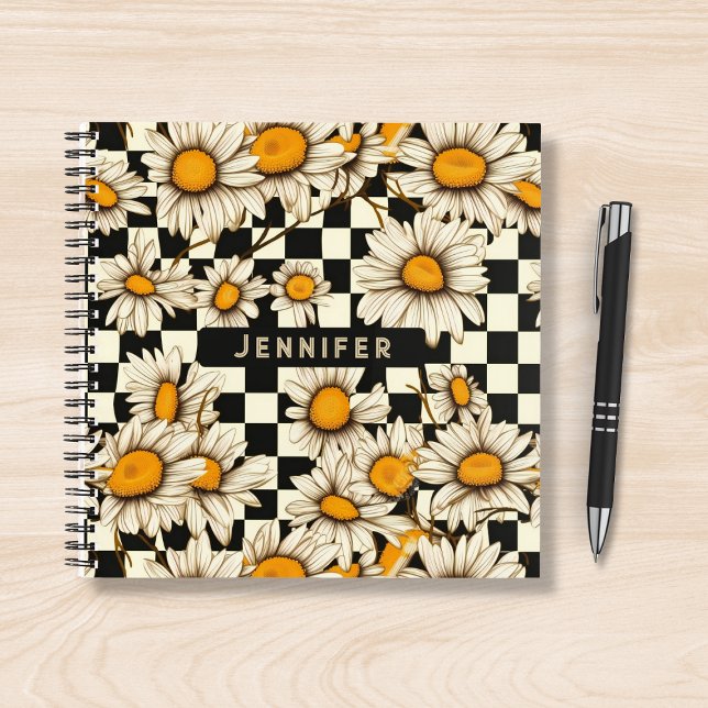 Retro Groovy Daisy Chequerboard Personalised Name Notebook (Creator Uploaded)