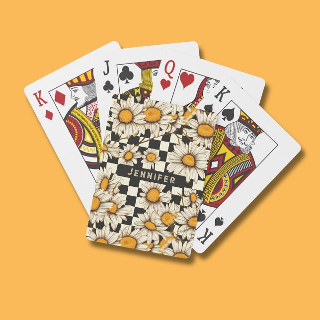 Retro Groovy Daisy Chequerboard Personalised Name Playing Cards (Creator Uploaded)