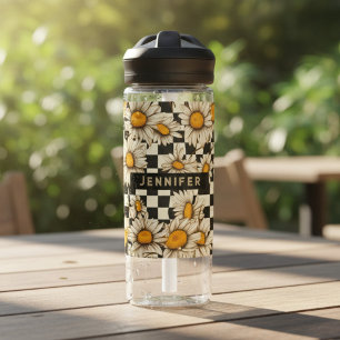 Retro Groovy Daisy Chequerboard Personalised Name Water Bottle