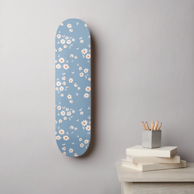Retro Groovy Daisy Pattern Dusty Blue Floral 70s Skateboard (Wall Art)