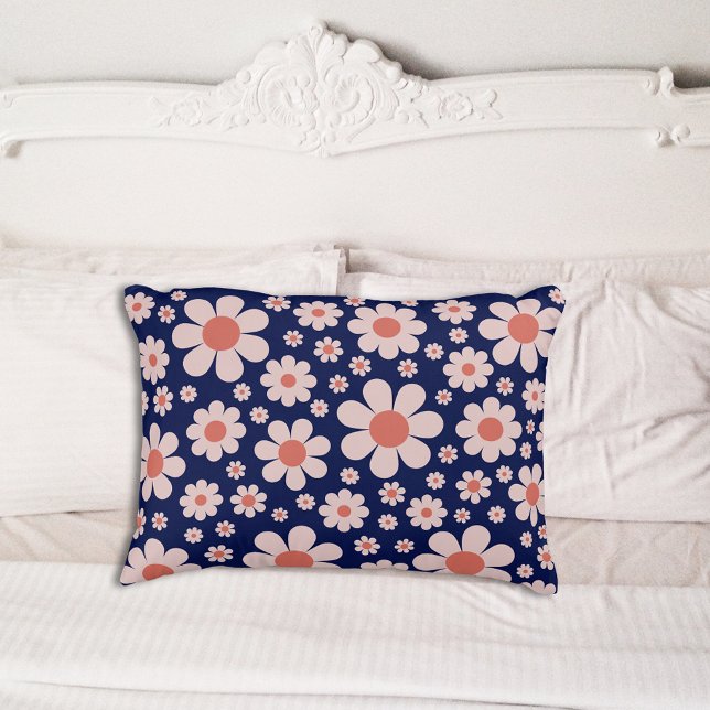Retro Groovy Daisy Pattern Navy Blue Orange Decorative Cushion (Retro 70s daisy pattern navy blue and orange groovy hippie boho pillow)