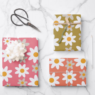 Retro Groovy Daisy Pattern Orange Pink Green Wrapping Paper Sheet