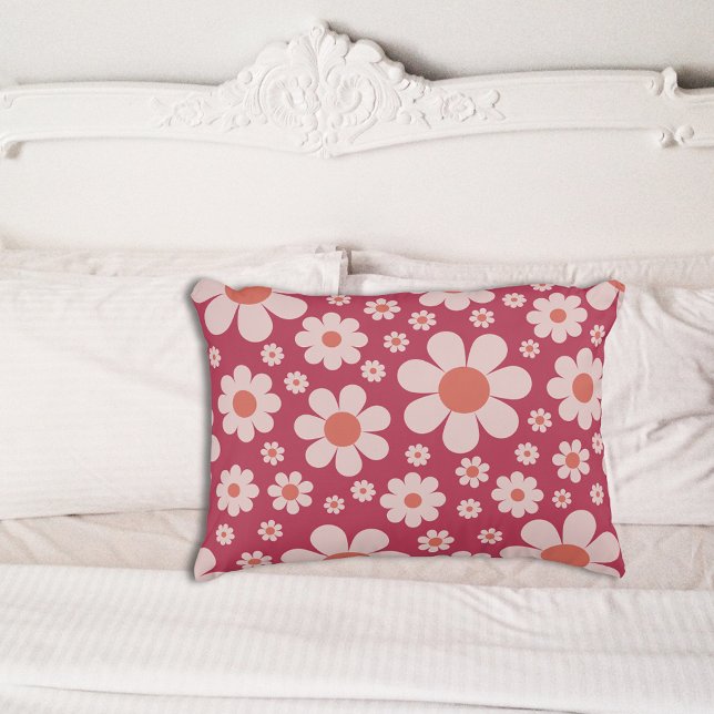 Retro Groovy Daisy Pattern Pink Orange Decorative Cushion (Retro 70s vintage pink and orange daisy pattern groovy boho floral pillow)