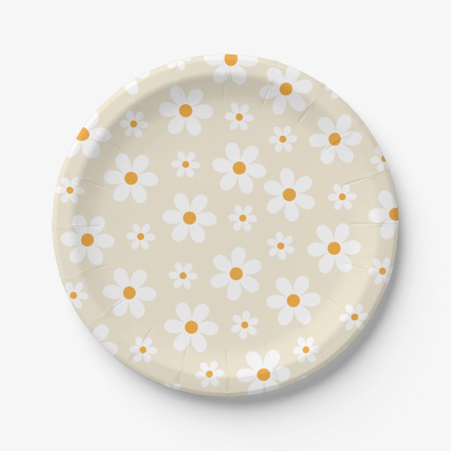Retro Groovy Daisy Tan Birthday Paper Plate (Front)