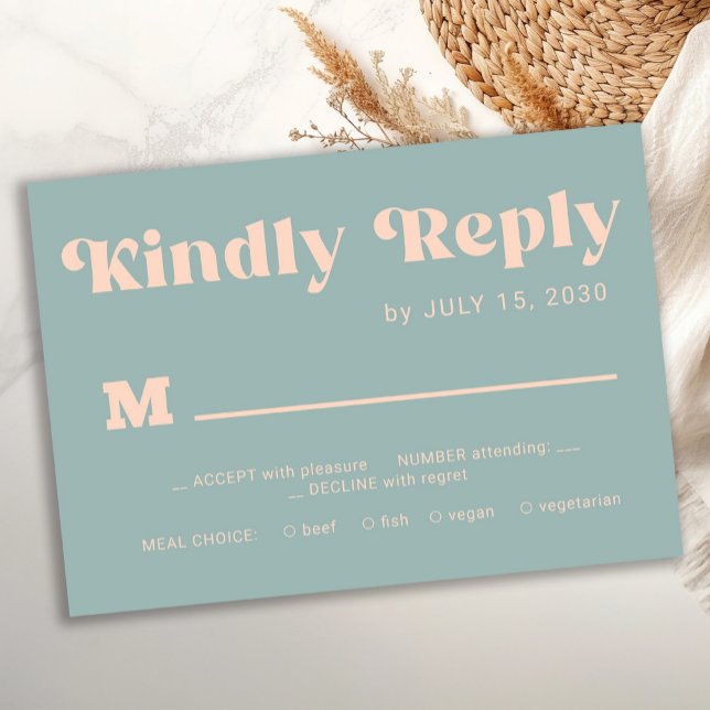 Retro groovy dusty blue bold typography wedding RSVP card (Creator Uploaded)