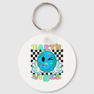 Retro Groovy Earth Vibes Earth Smile Womens Girls  Key Ring