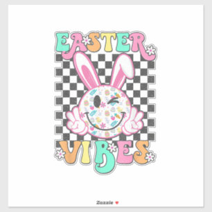 Retro Groovy Easter Vibes Bunny Checkered Smile Wo