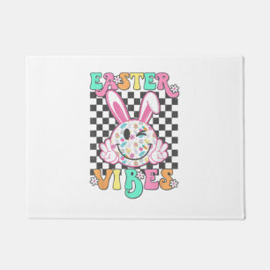 Retro Groovy Easter Vibes Bunny Checkered Smile Wo Doormat