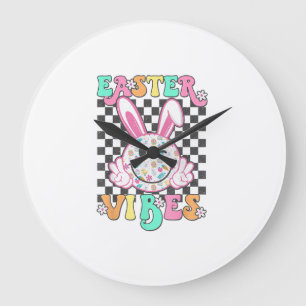 Retro Groovy Easter Vibes Bunny Checkered Smile Wo Large Clock