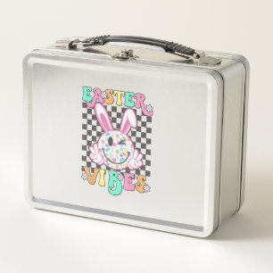 Retro Groovy Easter Vibes Bunny Checkered Smile Wo Metal Lunch Box