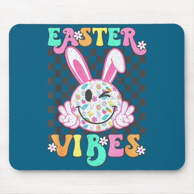 Retro groovy easter vibes bunny checkered smileRet Mouse Pad (Front)