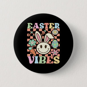 Retro Groovy Easter Vibes Bunny Chequered Smile Wo 6 Cm Round Badge
