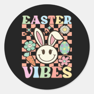 Retro Groovy Easter Vibes Bunny Chequered Smile Wo Classic Round Sticker