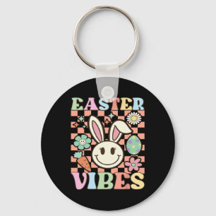 Retro Groovy Easter Vibes Bunny Chequered Smile Wo Key Ring