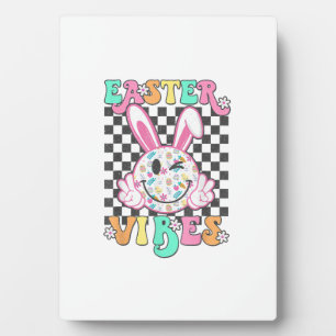 Retro Groovy Easter Vibes Bunny Chequered Smile Wo Plaque