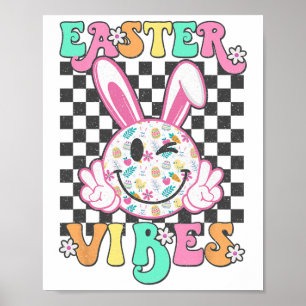 Retro Groovy Easter Vibes Bunny Chequered Smile Wo Poster