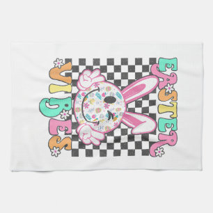 Retro Groovy Easter Vibes Bunny Chequered Smile Wo Tea Towel