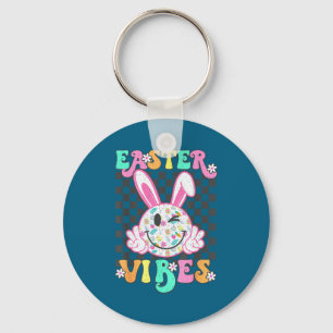 Retro groovy easter vibes bunny chequered smileRet Key Ring