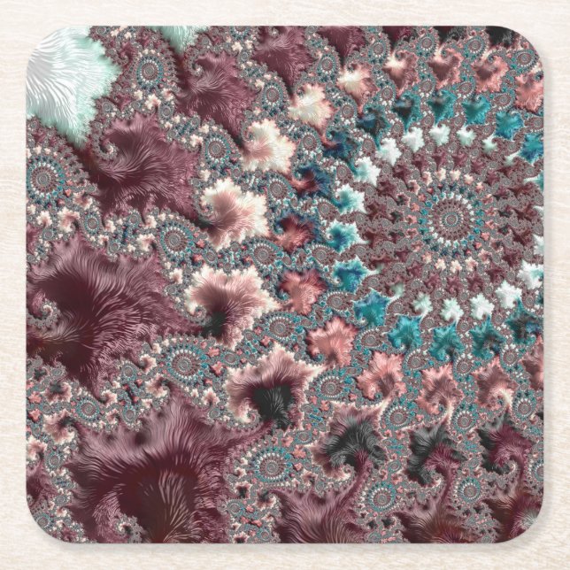 Retro Groovy Eclectic Bohemian Spiral Fractal Square Paper Coaster (Front)