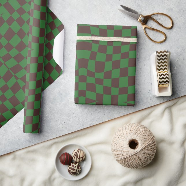 retro groovy elegant brown green wavy checkered  wrapping paper (Crafts)
