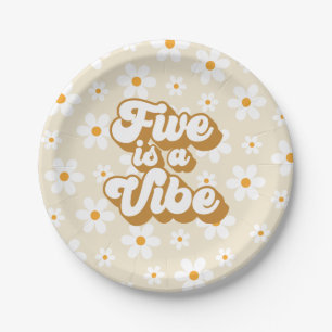 Retro Groovy Five is a Vibe Daisy Birthday Paper Plate