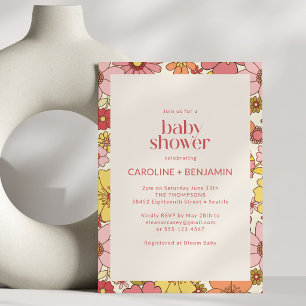 Retro Groovy Floral All In One Couples Baby Shower Invitation