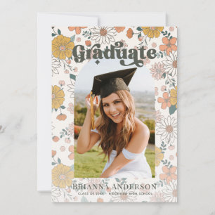 Retro Groovy Floral Arch Graduation Photo Invitation