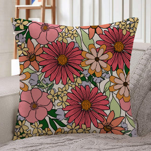 Retro Groovy Floral Boho Throw Pillow