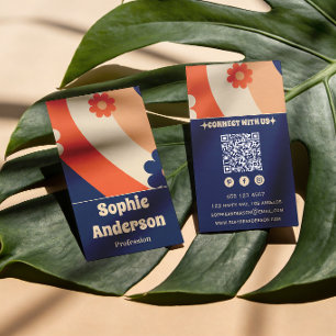 Retro Groovy Floral Business Card with QR Code