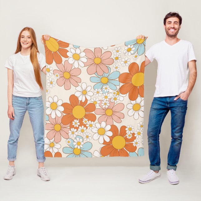 Retro Groovy Floral Daisy Seamless Pattern Fleece Blanket (In Situ)