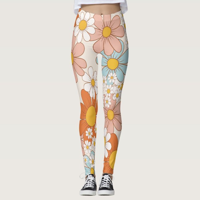 Retro Groovy Floral Daisy Seamless Pattern Leggings (Front)