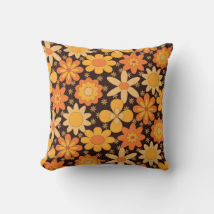 Retro Groovy Floral pattern Yellow and Orange Cushion