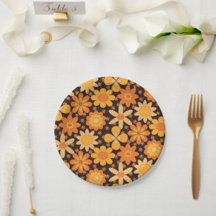 Retro Groovy Floral pattern Yellow and  Orange  Paper Plate
