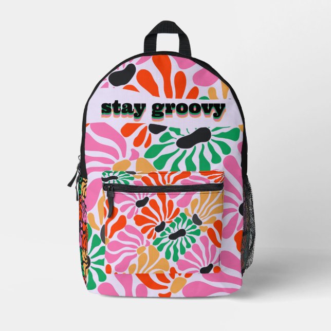 Retro Groovy Floral Personalised Modern Girly  Printed Backpack (Front)