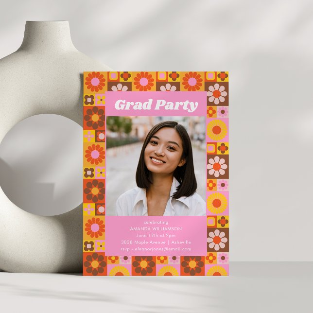 Retro Groovy Floral Pink Graduation Party Photo Invitation (Creator Uploaded)